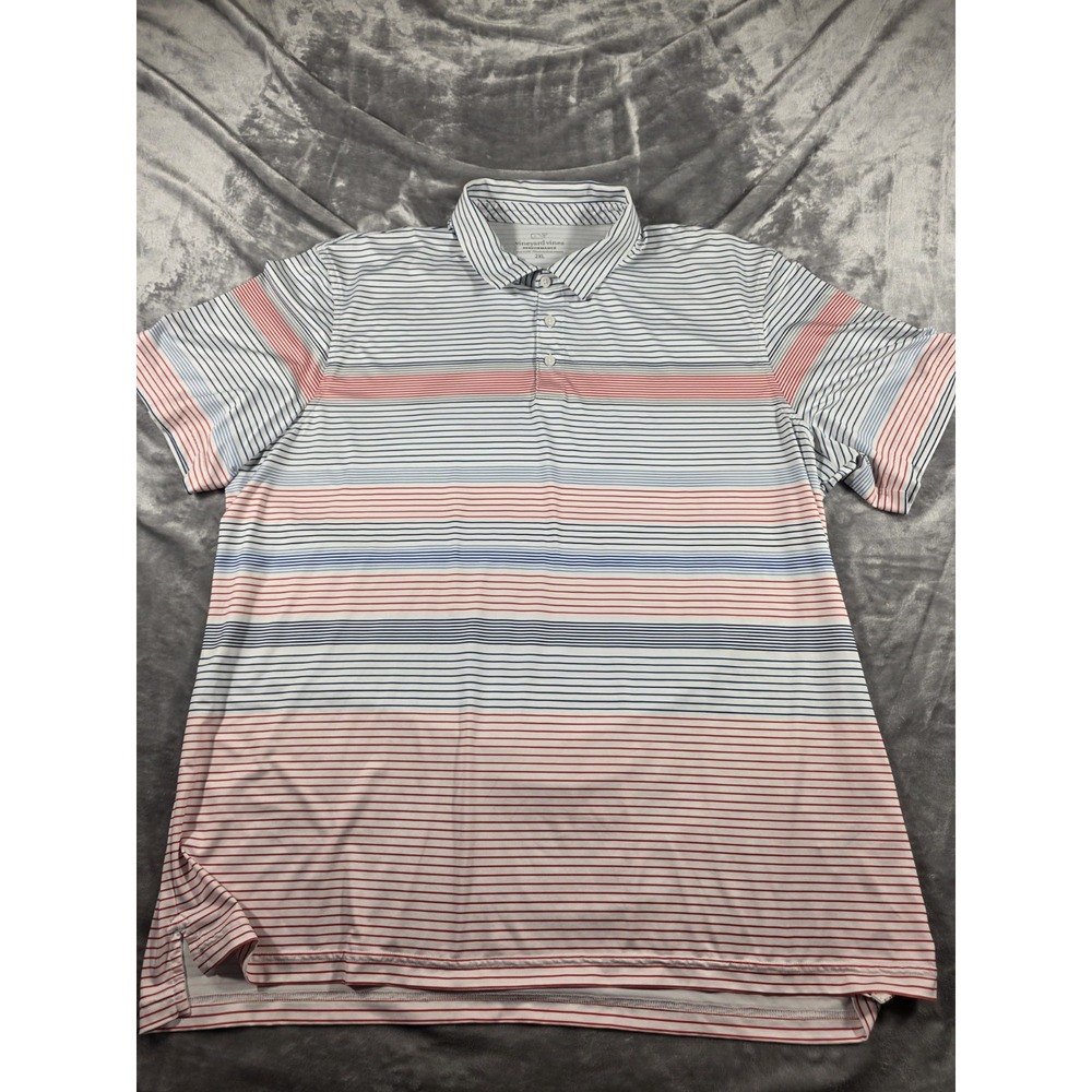 Vineyard Vines Performance Polo Shirt 2XL Red/Blue/White Striped Stretch Golf